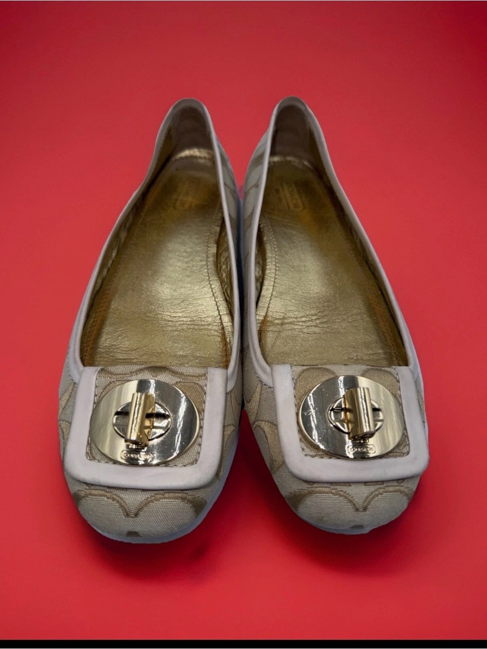 Coach Beige Signature Canvas Flats with Gold Turnlock